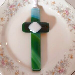 The Grandparent Gift Co. Keepsake Green Blue Glass Cross Handmade USA Ornament